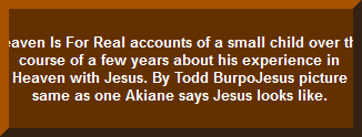 Heaven Is For Real accounts of a small child over the course of a few years about his experience in Heaven                           with Jesus. By Todd BurpoJesus picture same as one Akiane says Jesus looks like.